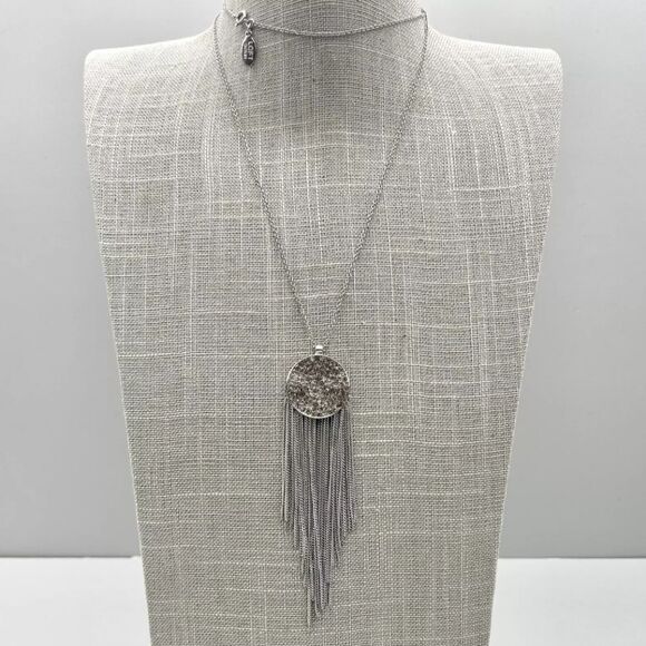 LOFT Necklace Round Pave Crystal Fringe Pendant Silver Tone Chain 24 Inches - Picture 2 of 7